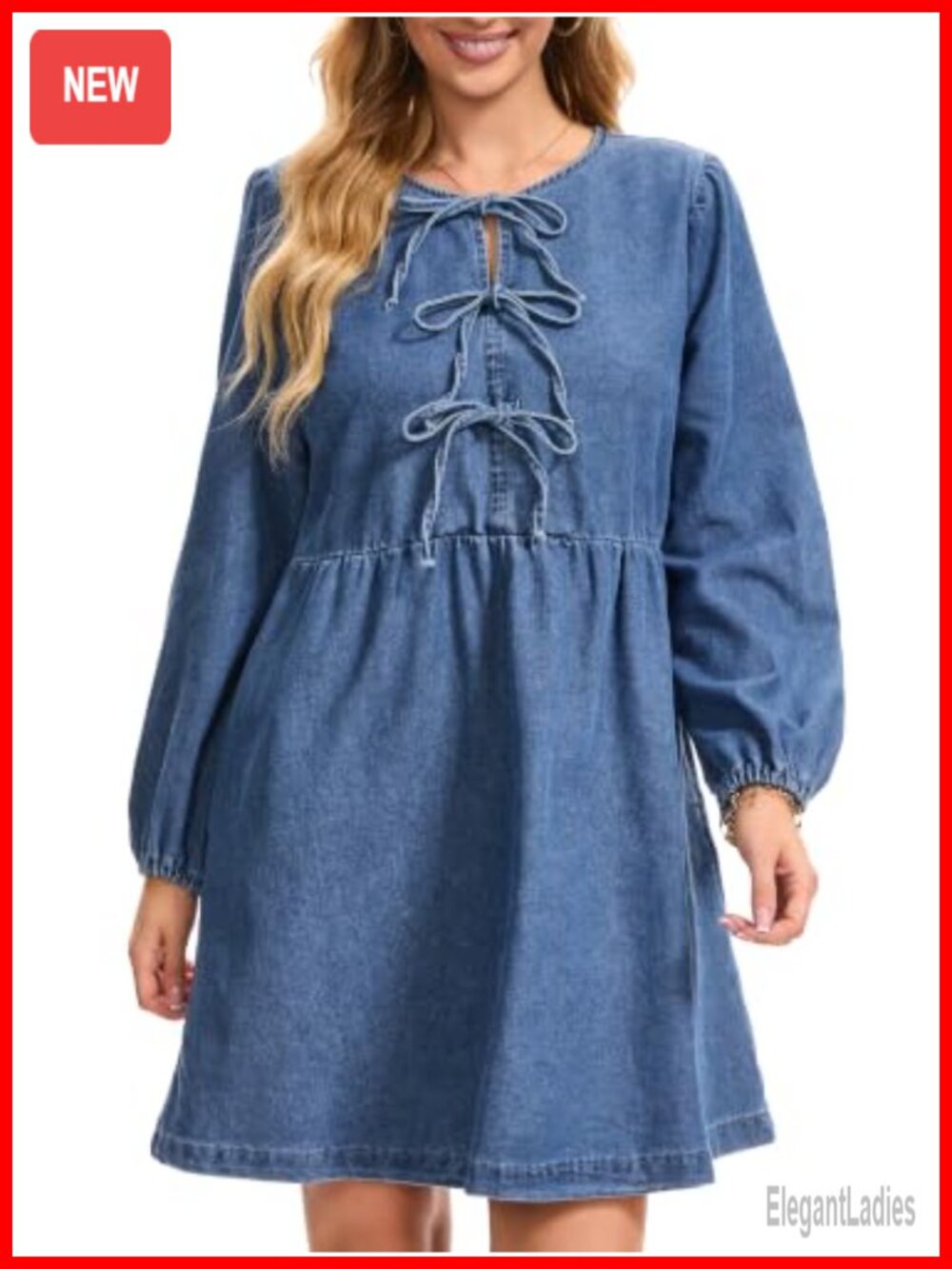 CIMUK Denim Babydoll Dress Bow Tie Front Long Sleeve Mini Jean Dress